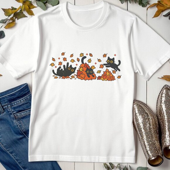 Fall Cat Graphic Tee Cute Pumpkin Kitten Autumn Cozy Sweater Weather T-Shirt - Picture 2 of 4